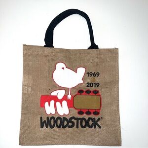 Woodstock 1969-2019 Jute Tote Bag in Natural with Black Handles